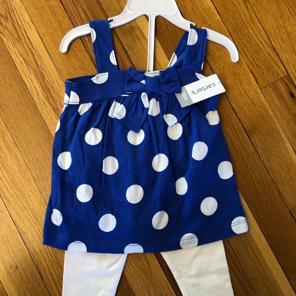 NWT. Carter’s outfit. Blue polka dot tank with white capri leggings